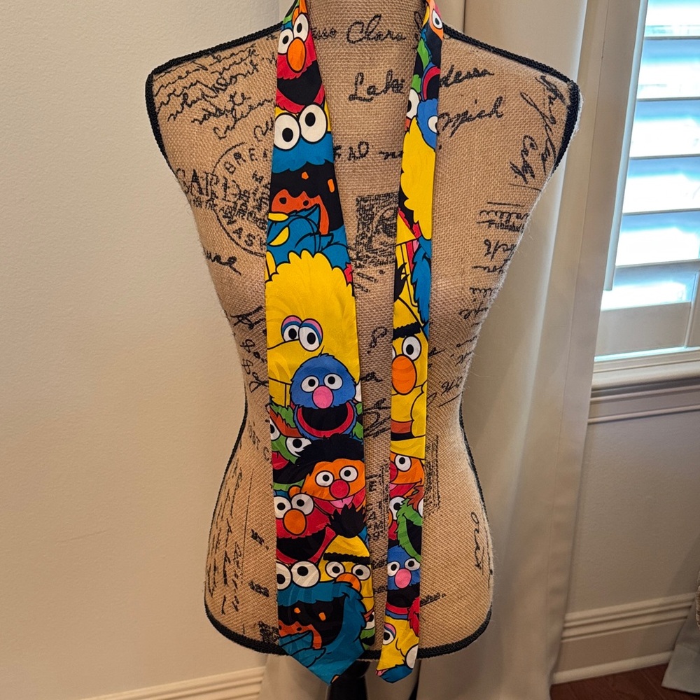 Vintage Vibrant Colorful Sesame Street Character Silk Tie